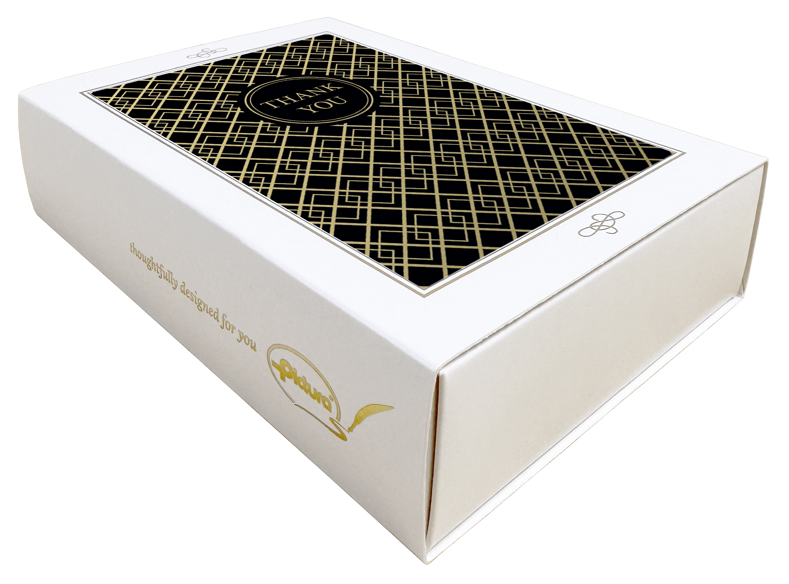 Set of black and gold boxed thank you cards by Pictura, featuring elegant handwritten-style designs on high-quality note paper.